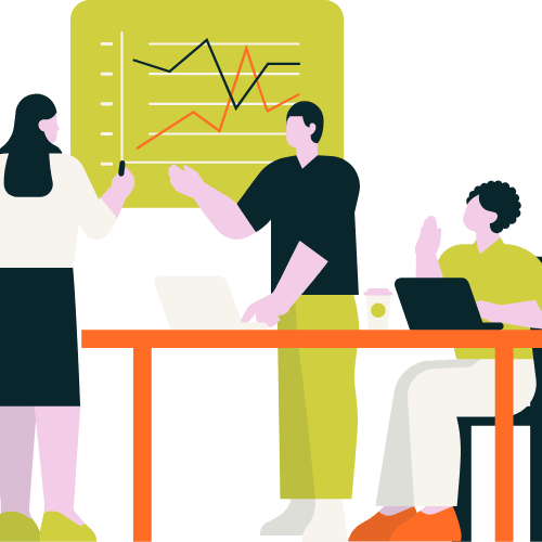 group at table with line chart