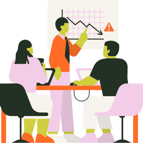 group in front of downward trending line graph